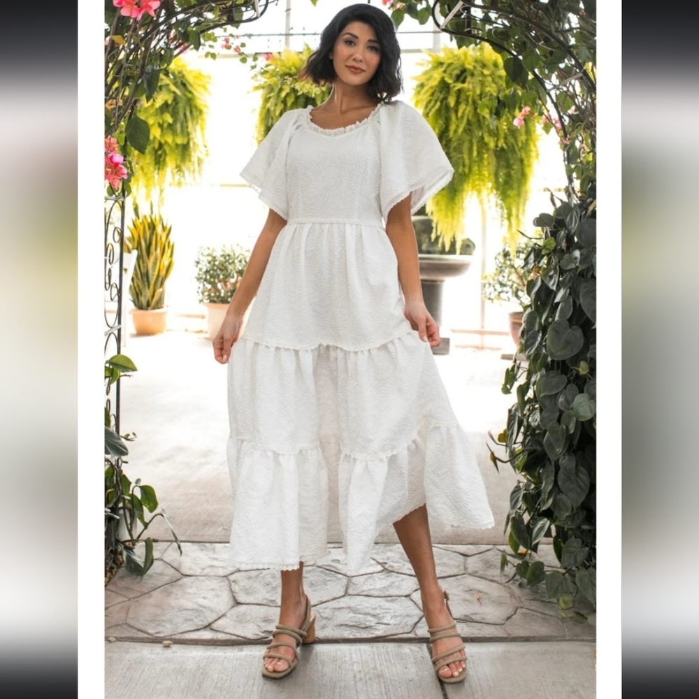 Ivy City Co White Tiered Maxi Dress with Flutter Sleeves
